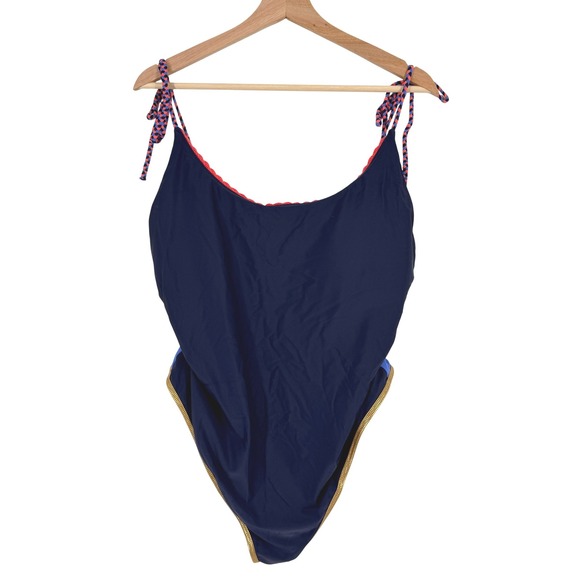 aerie Other - Aerie Navy Blue Colorblock‎ One Piece Swimsuit Gold Trim Cheeky XXL